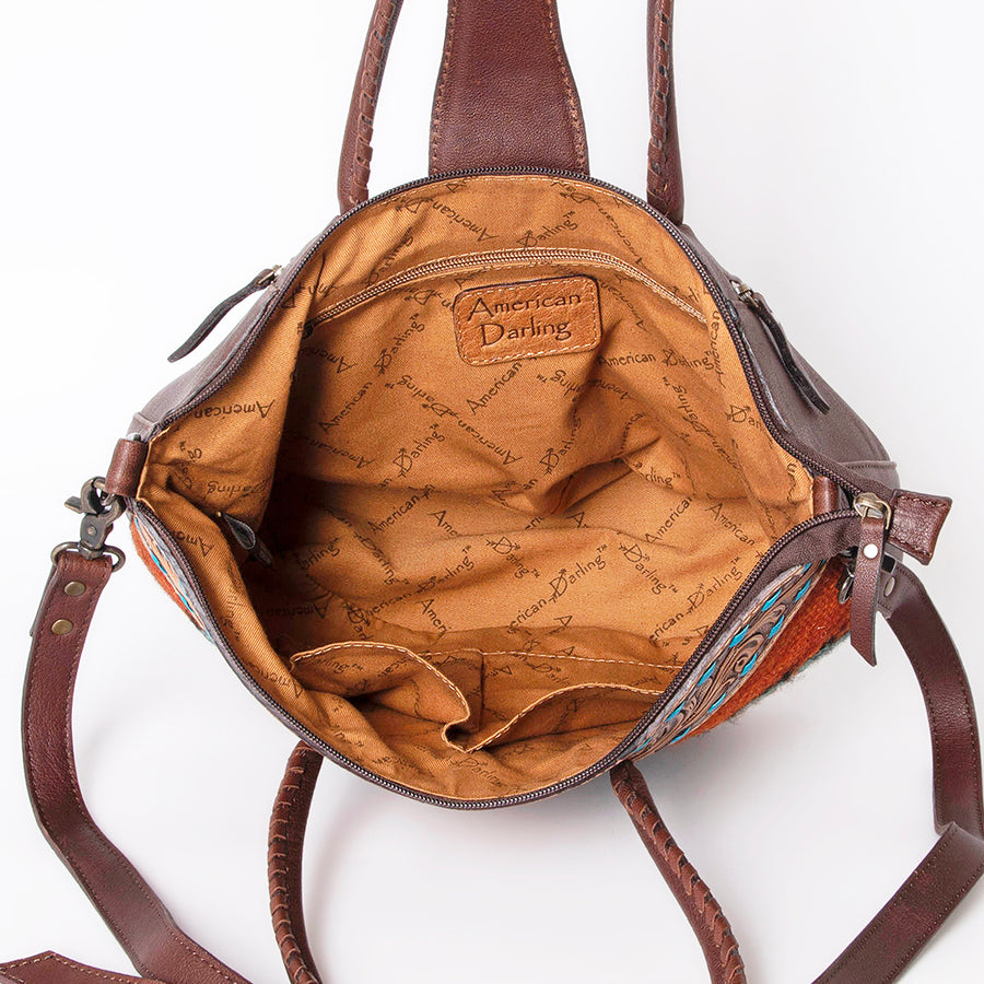 American Darling Western Tote Bag – Hand-Woven Saddle Blanket Design with Genuine Leather, Tooled Floral Accents, and Detachable Strap
