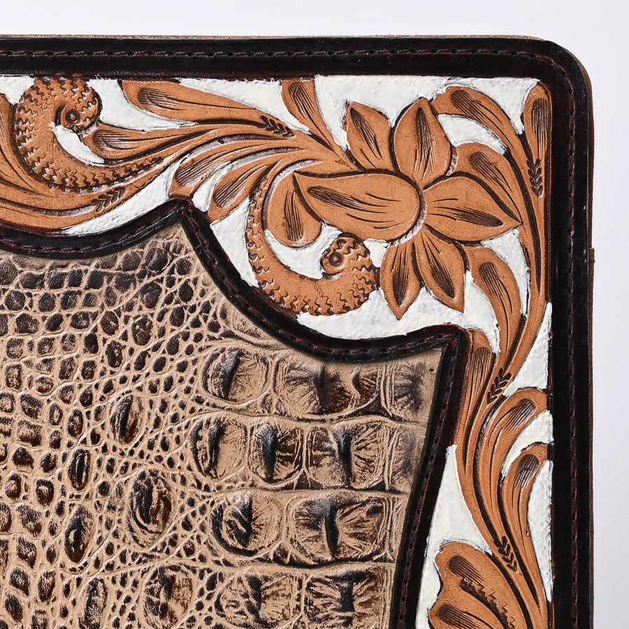 American Darling Crocodile Embossed Portfolio Bag – Genuine Leather Western Organizer with Hand-Tooled Floral Design, Durable Stitching, and Elegant Finish