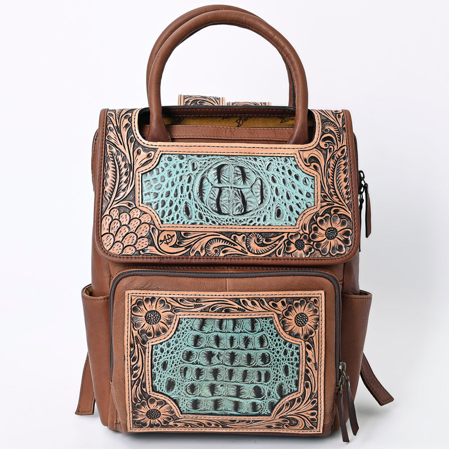 American Darling Western Leather Backpack – Genuine Crocodile Embossed and Hand-Tooled Floral Design, Adjustable Straps, and Spacious Interior