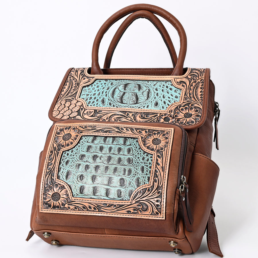 American Darling Western Leather Backpack – Genuine Crocodile Embossed and Hand-Tooled Floral Design, Adjustable Straps, and Spacious Interior