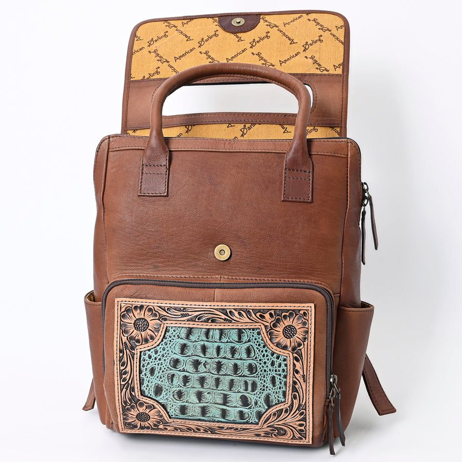 American Darling Western Leather Backpack – Genuine Crocodile Embossed and Hand-Tooled Floral Design, Adjustable Straps, and Spacious Interior