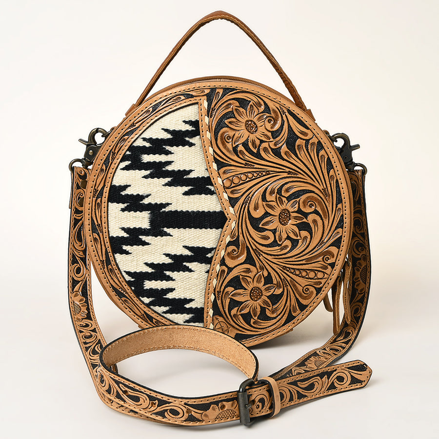 American Darling Hand-Tooled Leather Canteen Bag, Genuine Leather Round Crossbody with Woven Saddle Blanket and Floral Carving