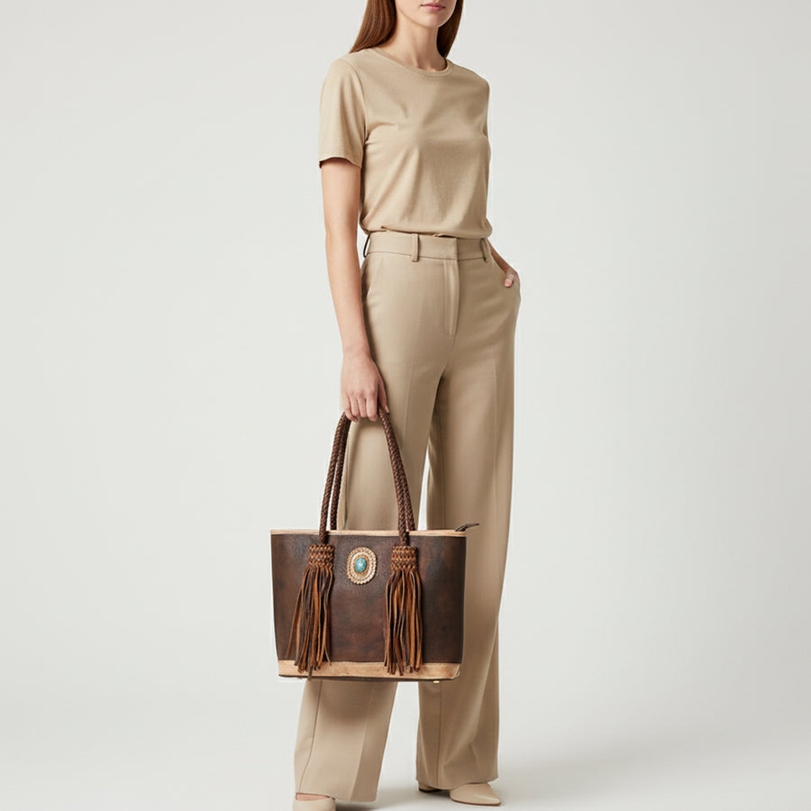 American Darling Tote Bag Western Genuine Leather Handcrafted Large Purse with Fringes, Turquoise & Braided Detail