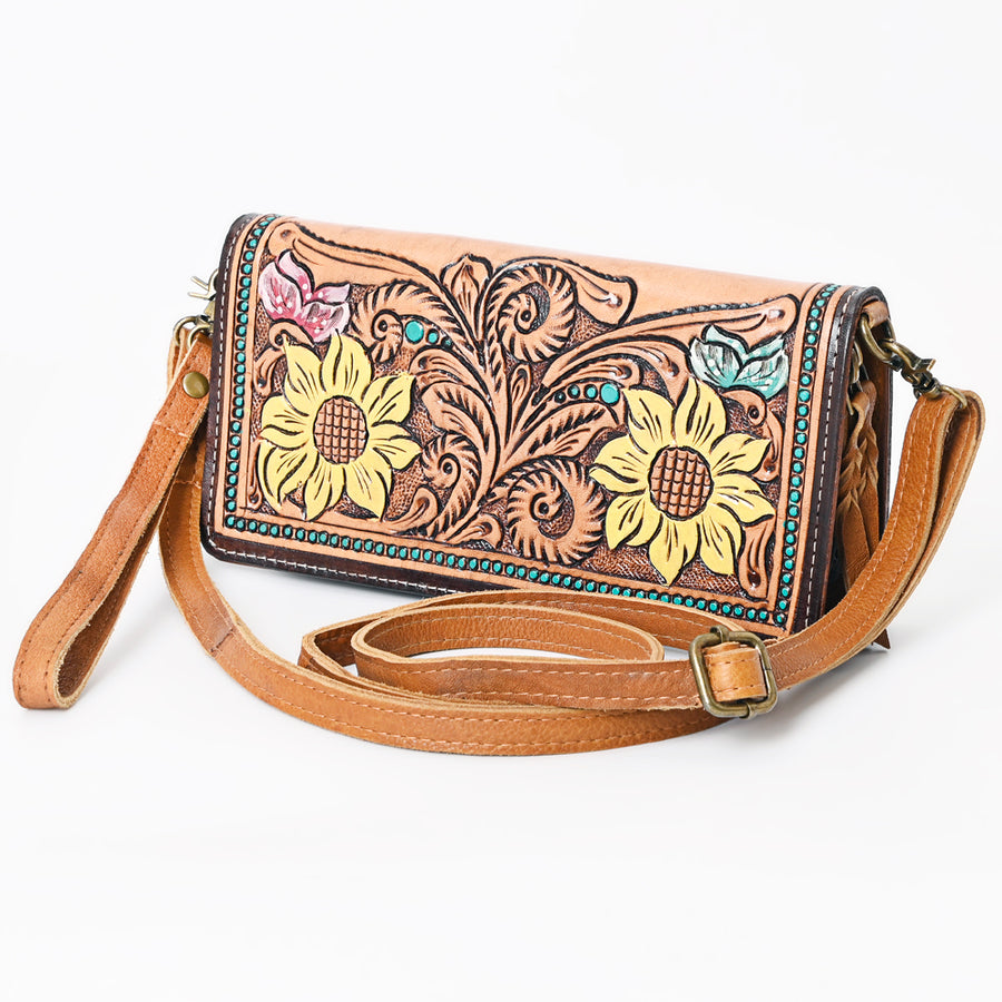 American Darling Hand Tooled Floral Leather Organiser Bag - Handcrafted Western - Uhorse