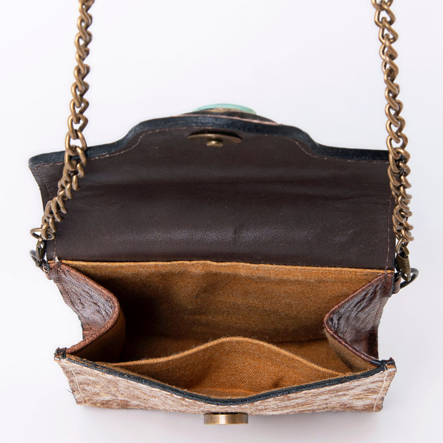 American Darling Small Cross body Bag Western Leather Hair-On Cowhide Hand Tooled Floral Turquoise Concho 5.5x5