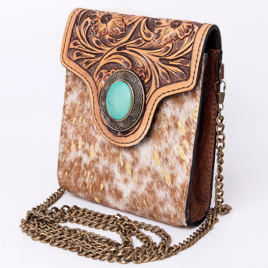 American Darling Western Small Cross body Bag Hair-On Cowhide with Hand Tooled Floral - Hilason