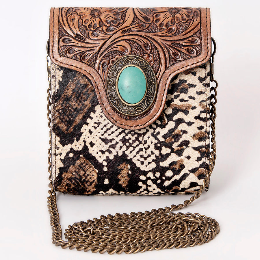 American Darling Small Cross body Bag Western Leather Hair-On Cowhide Hand Tooled Floral Turquoise Concho 5.5x5