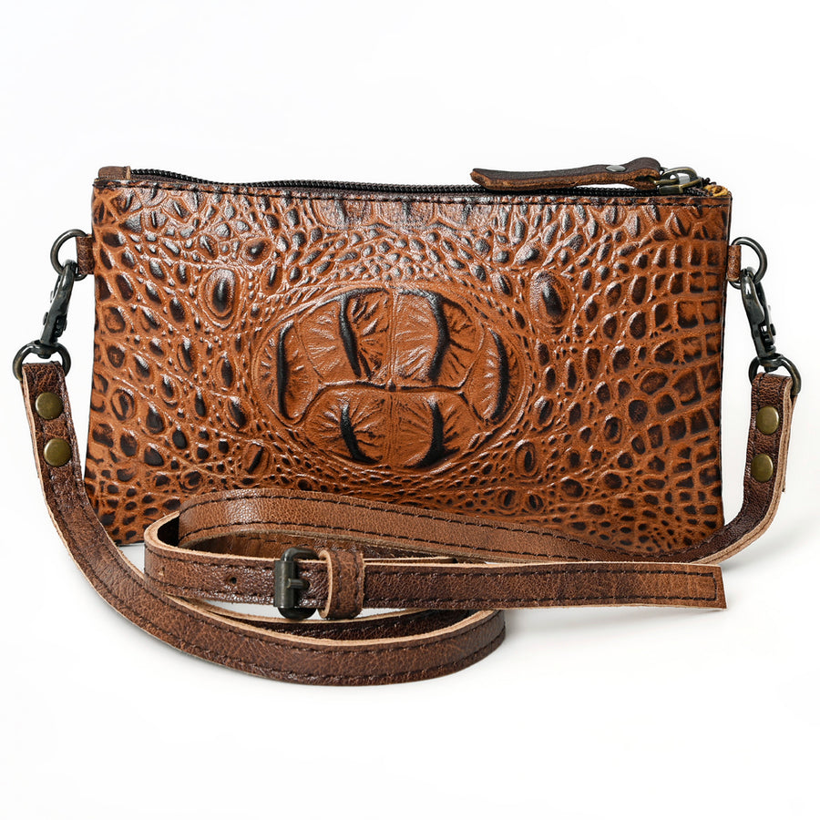 American Darling Wallet Bag for Women, Crocodile Embossed Full Grain Leather Western Clutch with YKK Zipper & Wrist Strap