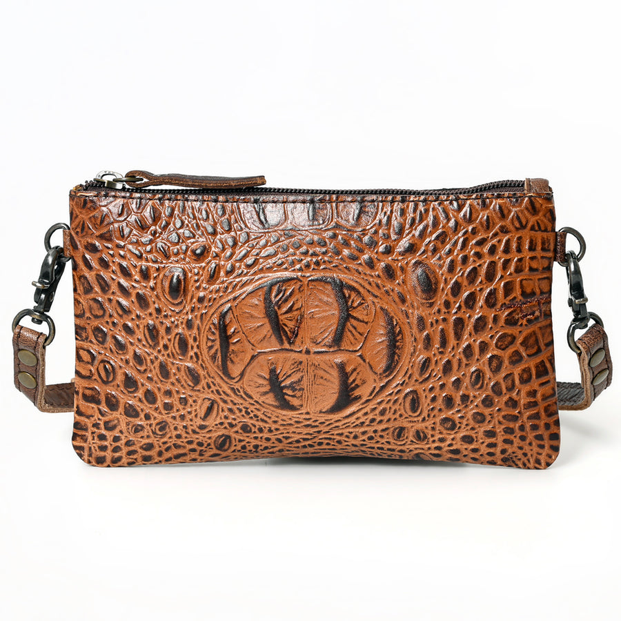 American Darling Wallet Bag for Women, Crocodile Embossed Full Grain Leather Western Clutch with YKK Zipper & Wrist Strap