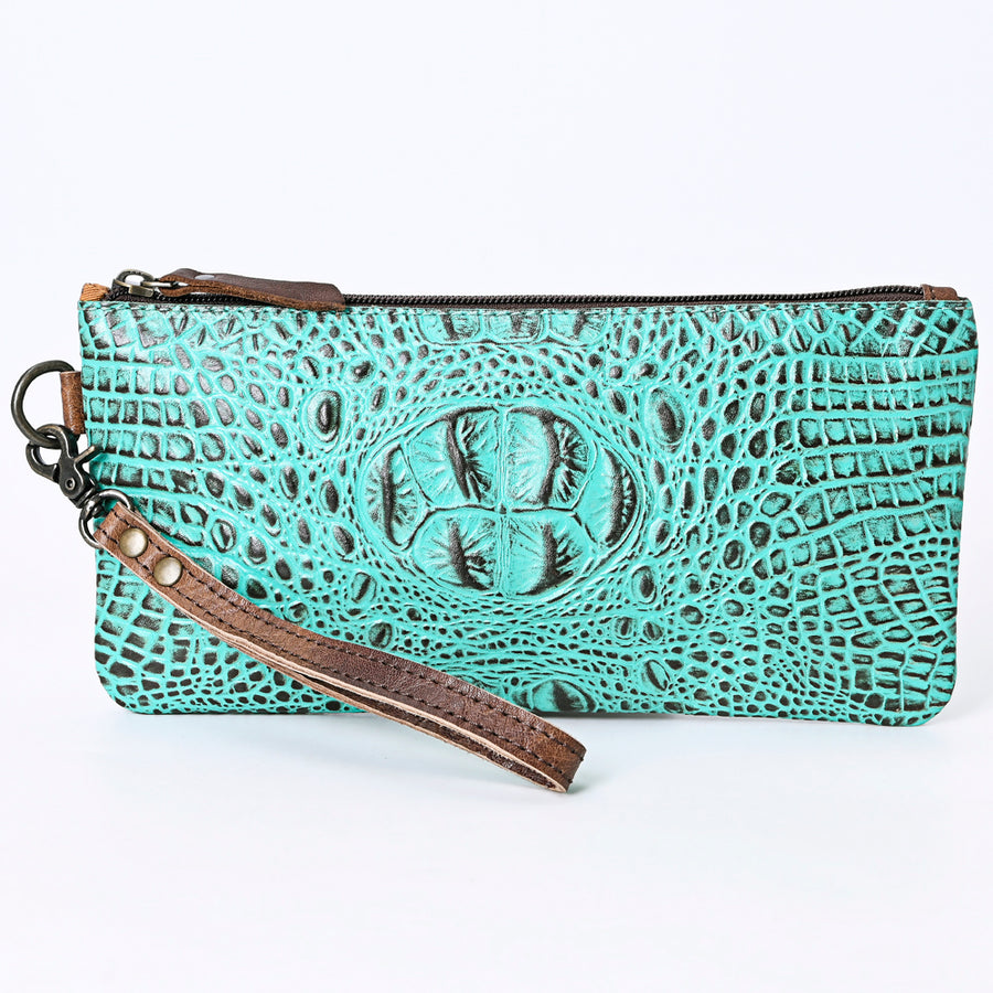 American Darling Wristlet Bag for Women, Crocodile Embossed Full Grain Leather Western Clutch with YKK Zipper & Wrist Strap
