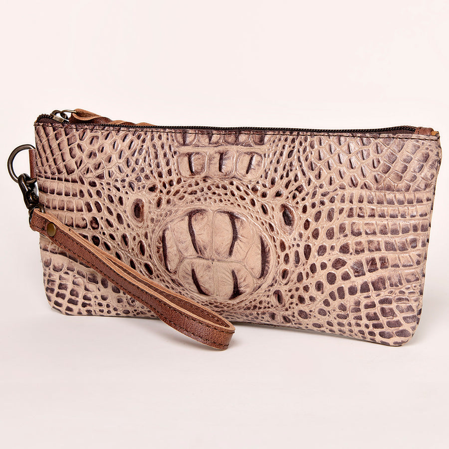 American Darling Western Leather Wristlet Bag - Crocodile Embossed Handcrafted Clutch - Uhorse
