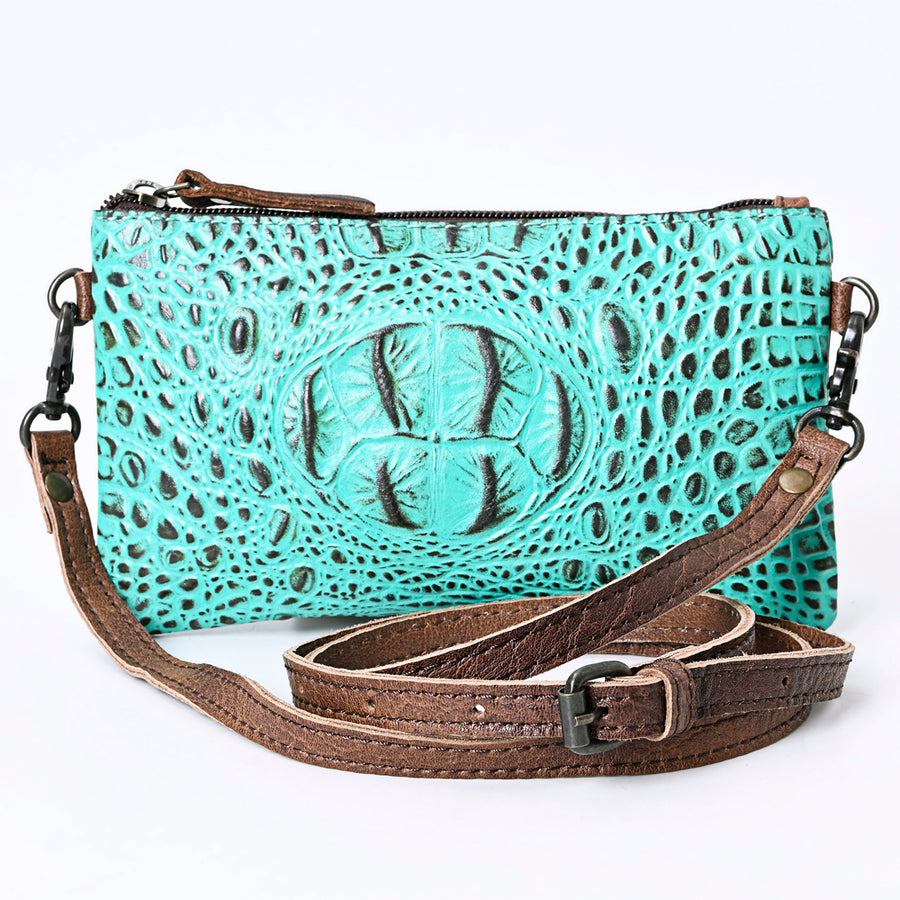 American Darling Wallet Bag for Women, Crocodile Embossed Full Grain Leather Western Clutch with YKK Zipper & Wrist Strap