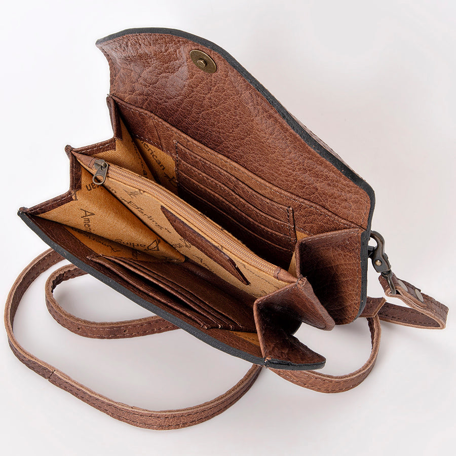 American Darling Wallet Hand Bag, Woven Saddle Blanket Detail, Genuine Leather Western Clutch with Crossbody Strap and Multi-Pocket Interior