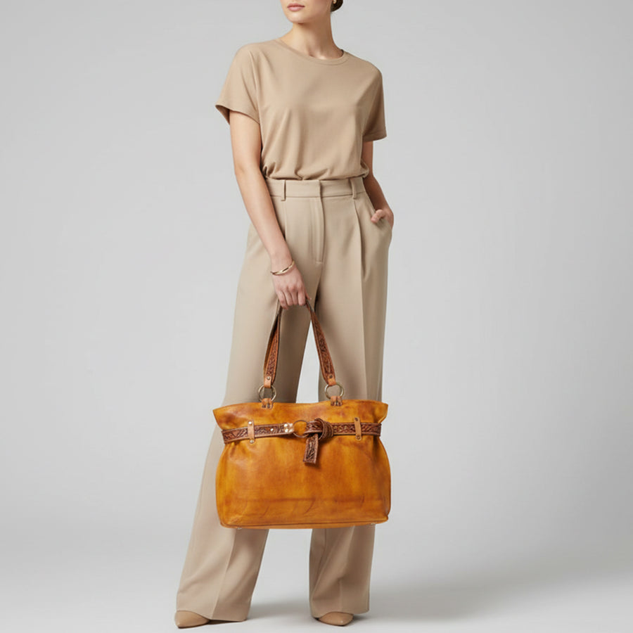 American Darling Tote Bag Western Hand Tooled Floral Carved Genuine Leather Handcrafted Bag with Tassels and YKK Zipper