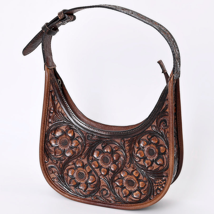 hand tooled floral carved western leather hobo bag with carved strap by american darling