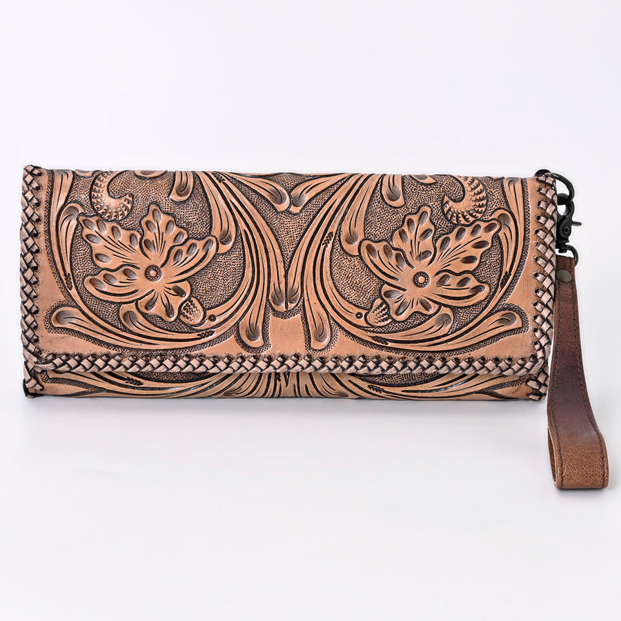 American Darling Western Hand-Tooled Leather Wallet Handbag for Women – Genuine Leather Floral Carved Designer Purse with Wristlet Strap