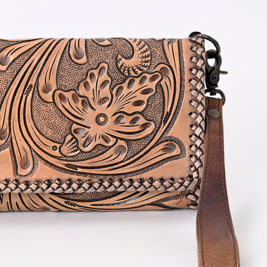 American Darling Western Hand-Tooled Leather Wallet Handbag for Women – Genuine Leather Floral Carved Designer Purse with Wristlet Strap