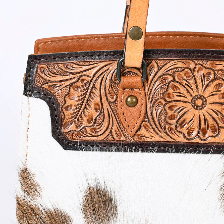 American Darling Western Tote Bag – Genuine Leather Hair-On Cowhide with Hand-Tooled Floral Detailing – Premium Designer