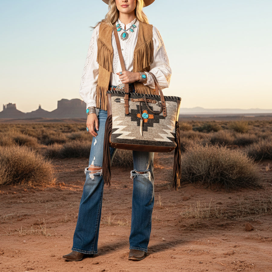 American Darling Hand-Woven Saddle Blanket Tote Bag – Genuine Leather Fringe Western Purse with Strap for Daily Use and Travel