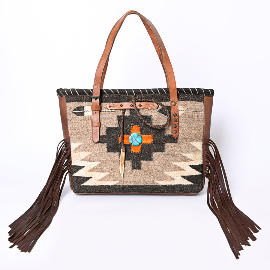 American Darling Hand-Woven Saddle Blanket Tote Bag – Genuine Leather Fringe Western Purse with Strap for Daily Use and Travel