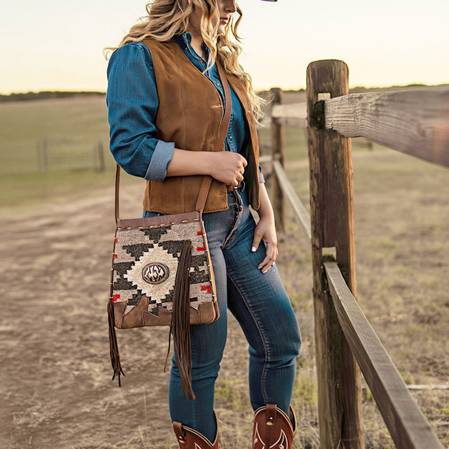 American Darling Saddle Blanket Cowhide Crossbody Bag – Genuine Leather Fringe Western Purse with Strap for Everyday, Travel, and Hands-Free Carry
