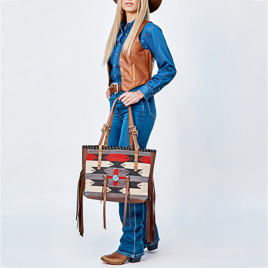 American Darling Western Leather Tote Bag with Fringe, Handwoven Saddle Blanket Panel, Adjustable Strap & Premium Genuine Leather