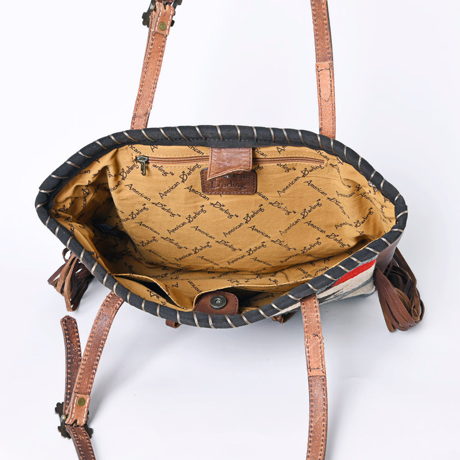 American Darling Western Leather Tote Bag with Fringe, Handwoven Saddle Blanket Panel, Adjustable Strap & Premium Genuine Leather