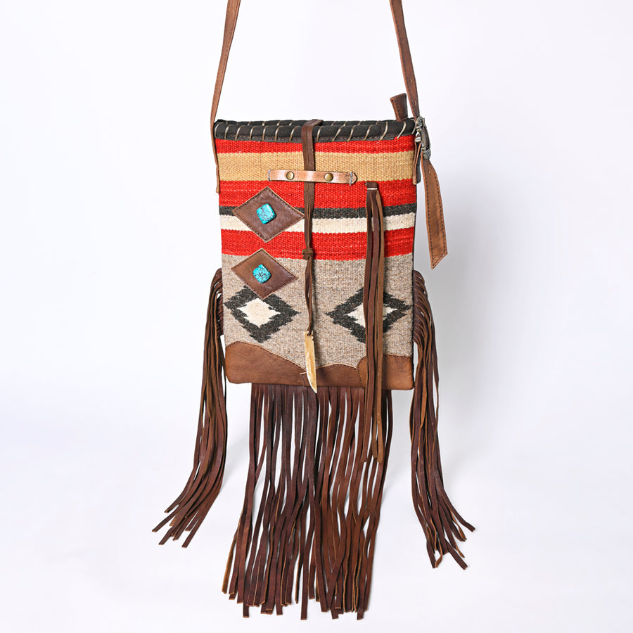 American Darling Western Leather Crossbody Bag with Fringe, Handwoven Saddle Blanket Panel, Adjustable Strap & Premium Genuine Leather