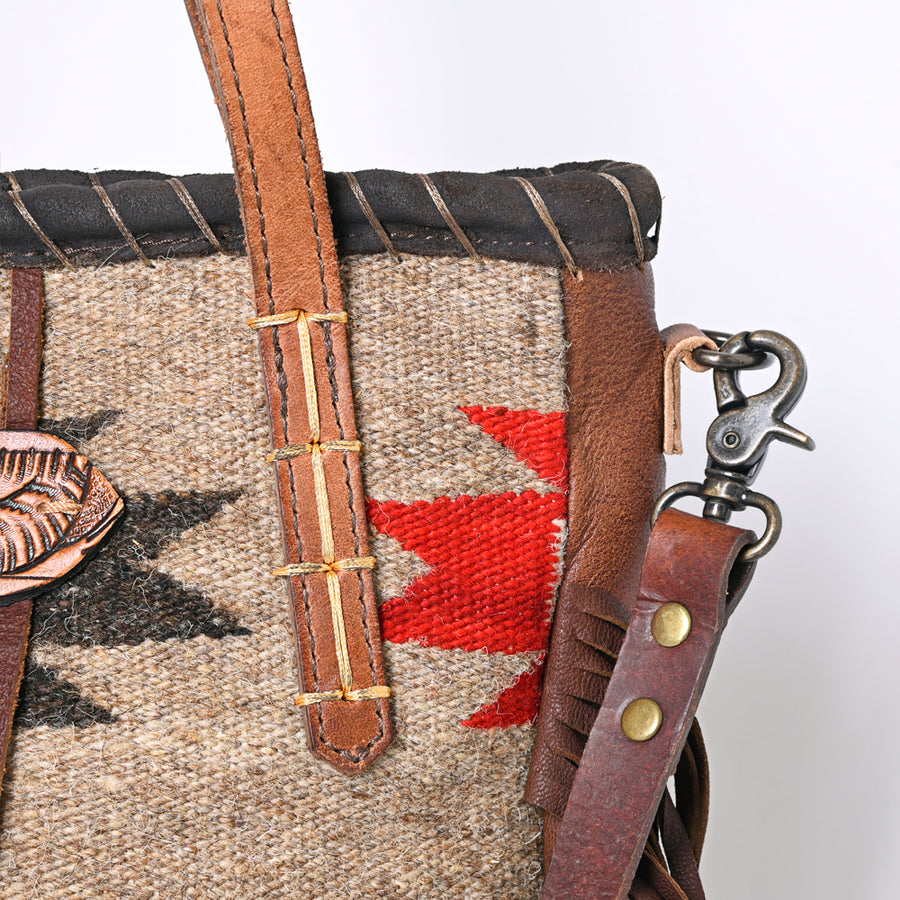 American Darling Handcrafted Western Leather Tote Bag with Native American Handwoven Design, Turquoise Button, Fringes, and Adjustable Strap