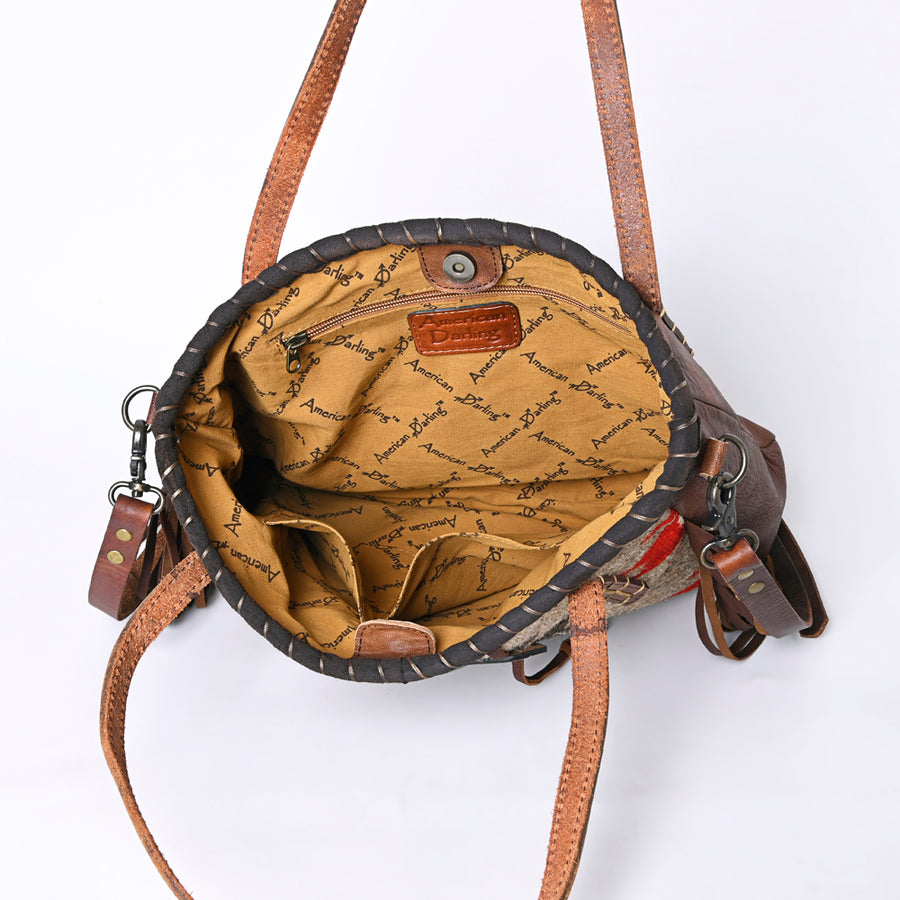 American Darling Handcrafted Western Leather Tote Bag with Native American Handwoven Design, Turquoise Button, Fringes, and Adjustable Strap