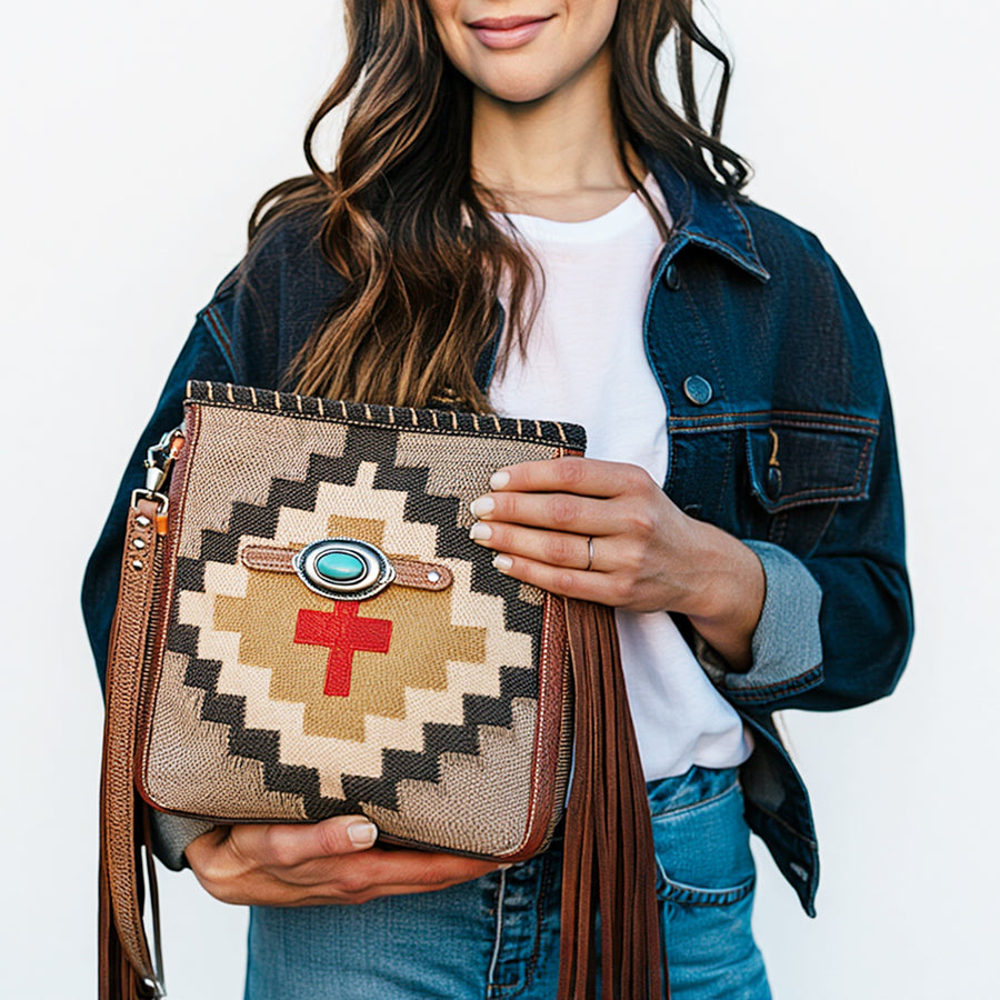 American Darling Western Leather Tote Bag with Fringe, Native American Inspired Design, Genuine Leather, Premium Quality Handcrafted