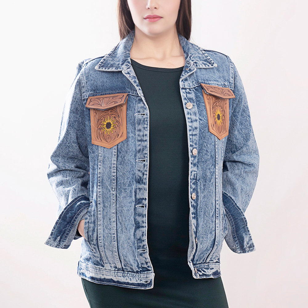 ADJKT002 Genuine leather Hand tooled hand carved Women 100% cotton Denim jacket dress ladies girl