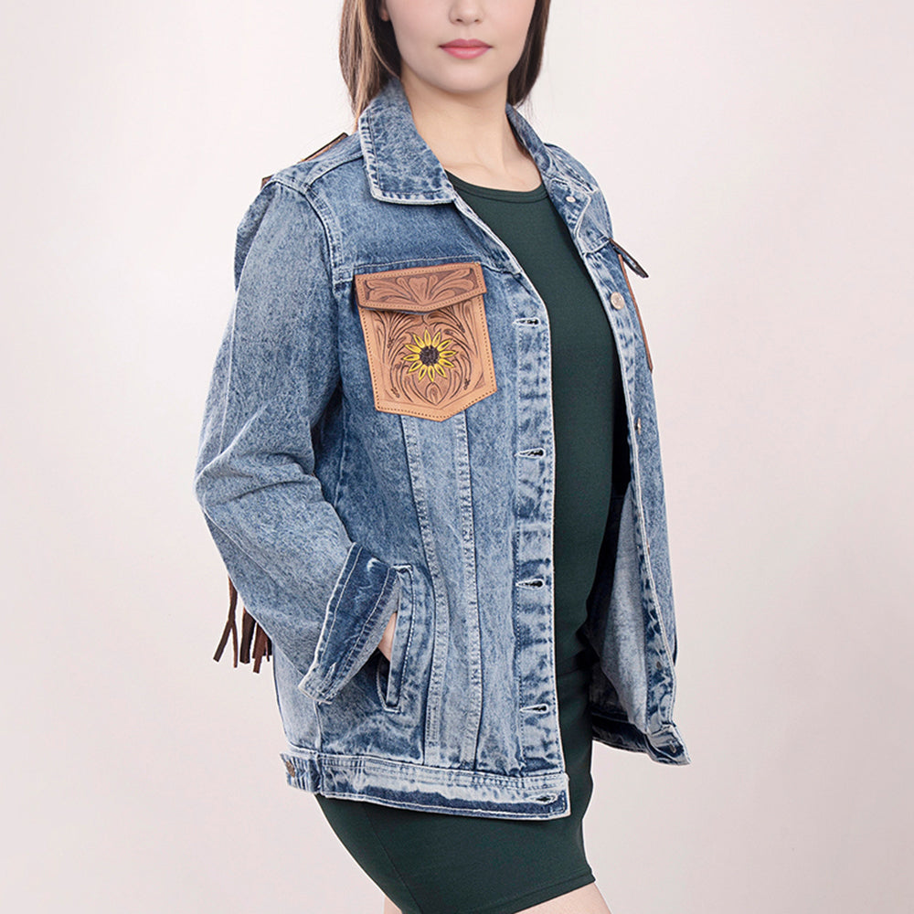 ADJKT002 Genuine leather Hand tooled hand carved Women 100% cotton Denim jacket dress ladies girl