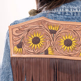 ADJKT002 Genuine leather Hand tooled hand carved Women 100% cotton Denim jacket dress ladies girl