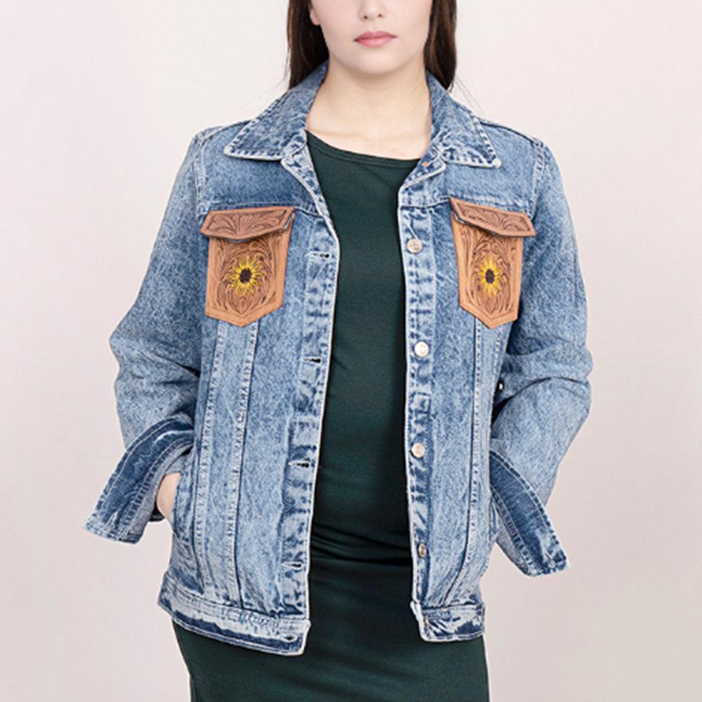 ADJKT002 Genuine leather Hand tooled hand carved Women 100% cotton Denim jacket dress ladies girl