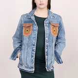 ADJKT002 Genuine leather Hand tooled hand carved Women 100% cotton Denim jacket dress ladies girl