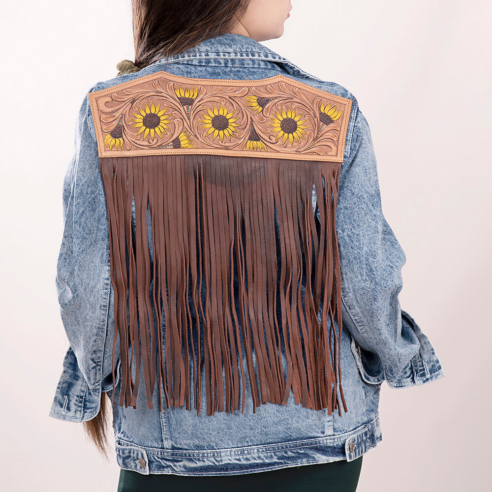 ADJKT002 Genuine leather Hand tooled hand carved Women 100% cotton Denim jacket dress ladies girl