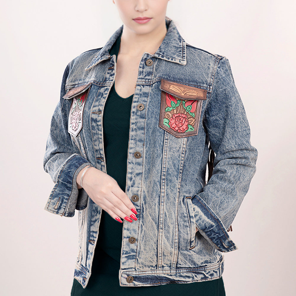 ADJKT003 Genuine leather Hand tooled hand carved Women 100% cotton Denim jacket dress ladies girl
