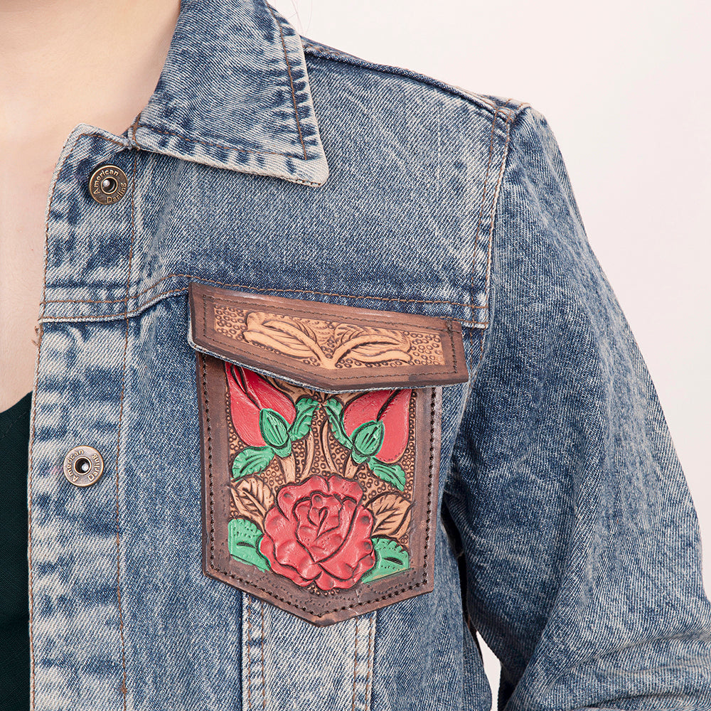 ADJKT003 Genuine leather Hand tooled hand carved Women 100% cotton Denim jacket dress ladies girl