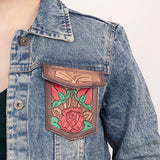 ADJKT003 Genuine leather Hand tooled hand carved Women 100% cotton Denim jacket dress ladies girl