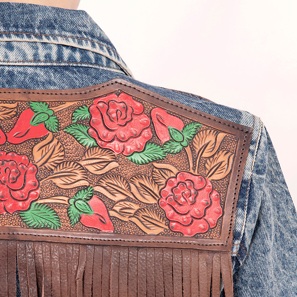 ADJKT003 Genuine leather Hand tooled hand carved Women 100% cotton Denim jacket dress ladies girl