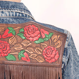 ADJKT003 Genuine leather Hand tooled hand carved Women 100% cotton Denim jacket dress ladies girl