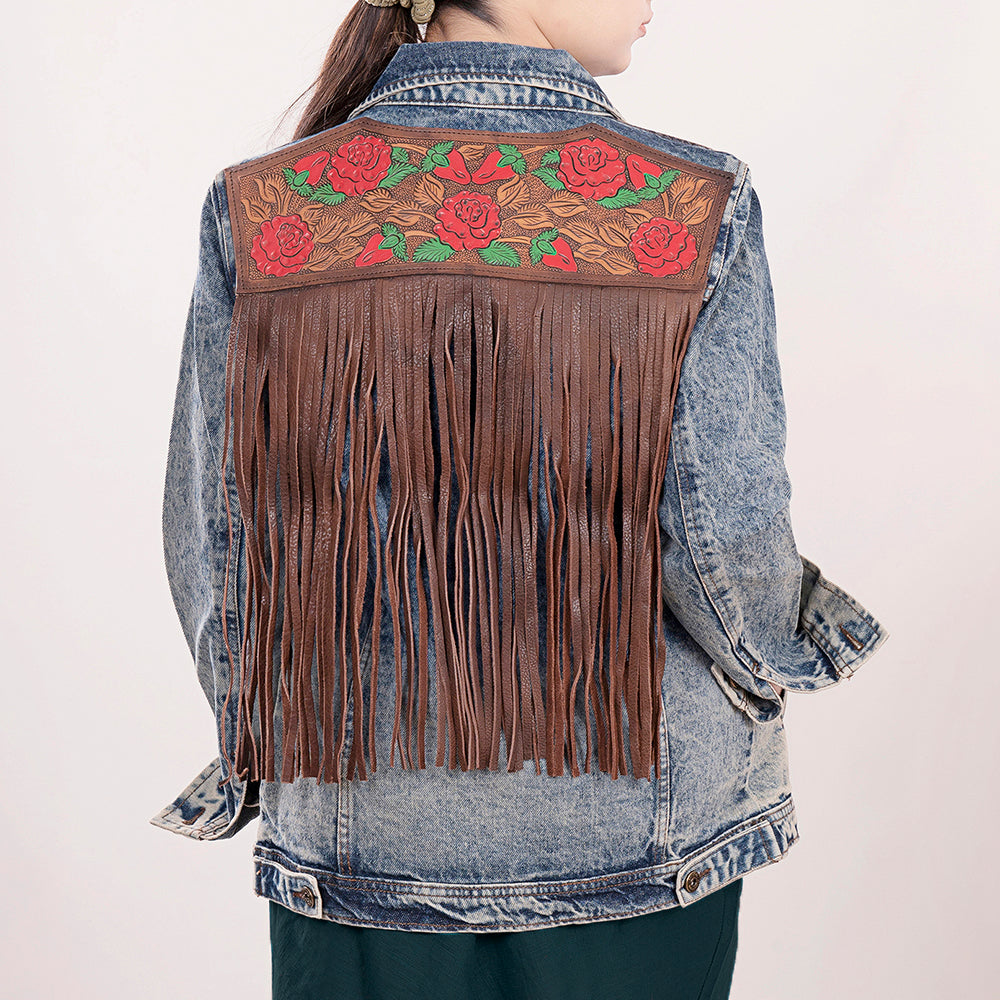 ADJKT003 Genuine leather Hand tooled hand carved Women 100% cotton Denim jacket dress ladies girl