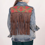 ADJKT003 Genuine leather Hand tooled hand carved Women 100% cotton Denim jacket dress ladies girl