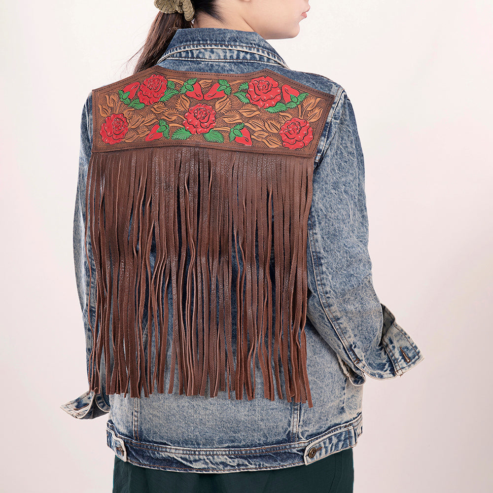 ADJKT003 Genuine leather Hand tooled hand carved Women 100% cotton Denim jacket dress ladies girl