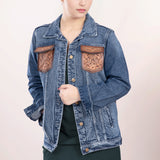 ADJKT004 Genuine leather Hand tooled hand carved Women 100% cotton Denim jacket dress ladies girl