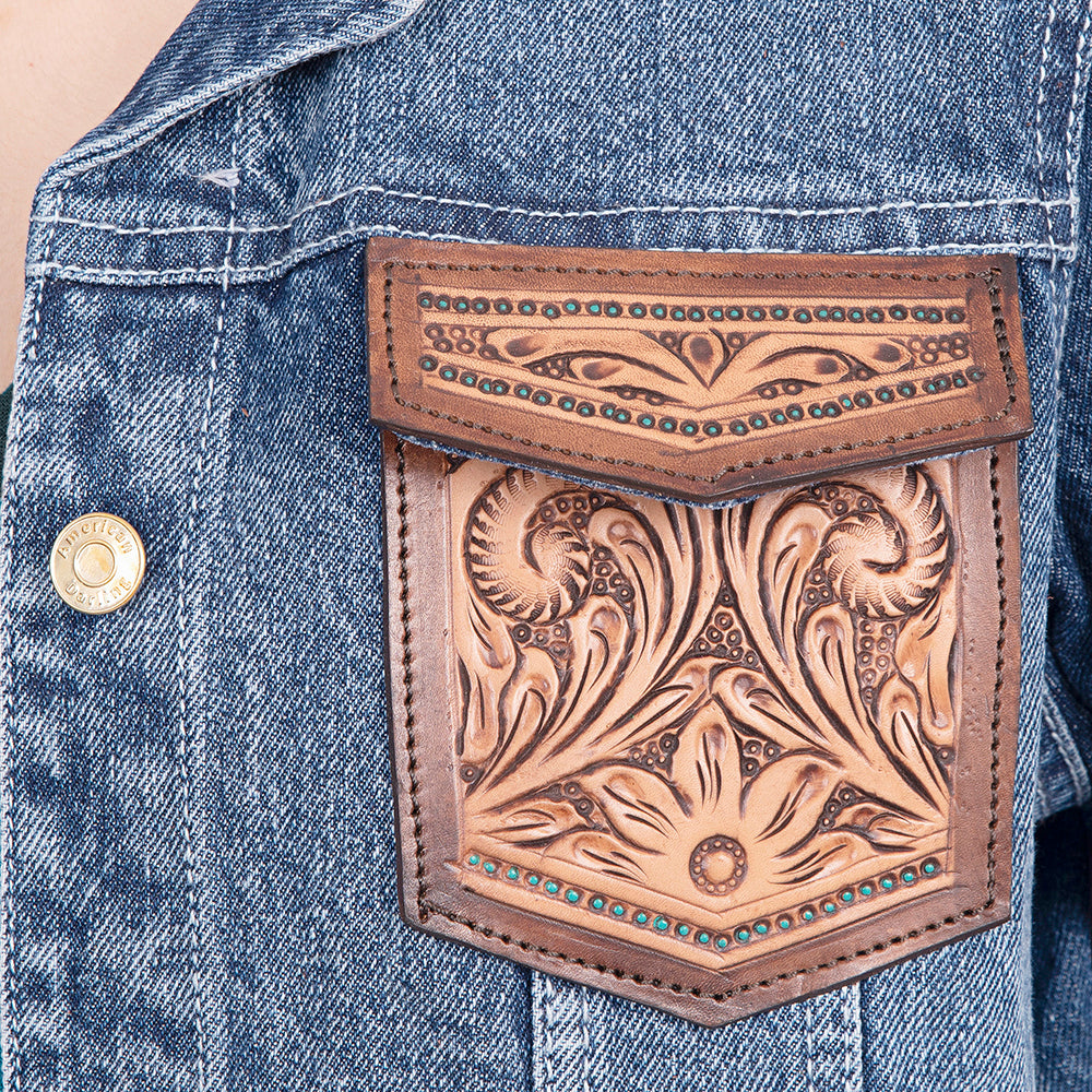 ADJKT004 Genuine leather Hand tooled hand carved Women 100% cotton Denim jacket dress ladies girl