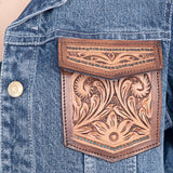 ADJKT004 Genuine leather Hand tooled hand carved Women 100% cotton Denim jacket dress ladies girl