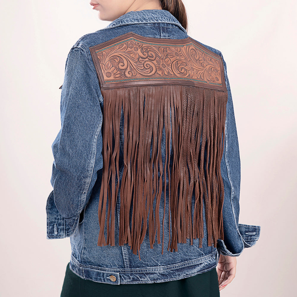 ADJKT004 Genuine leather Hand tooled hand carved Women 100% cotton Denim jacket dress ladies girl