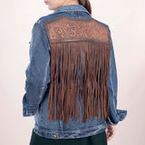 ADJKT004 Genuine leather Hand tooled hand carved Women 100% cotton Denim jacket dress ladies girl